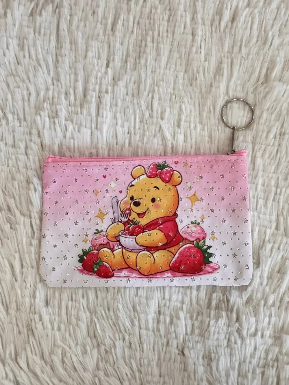 Pink Winnie the Pooh zipper pouch keychain with strawberries & stars sparkles